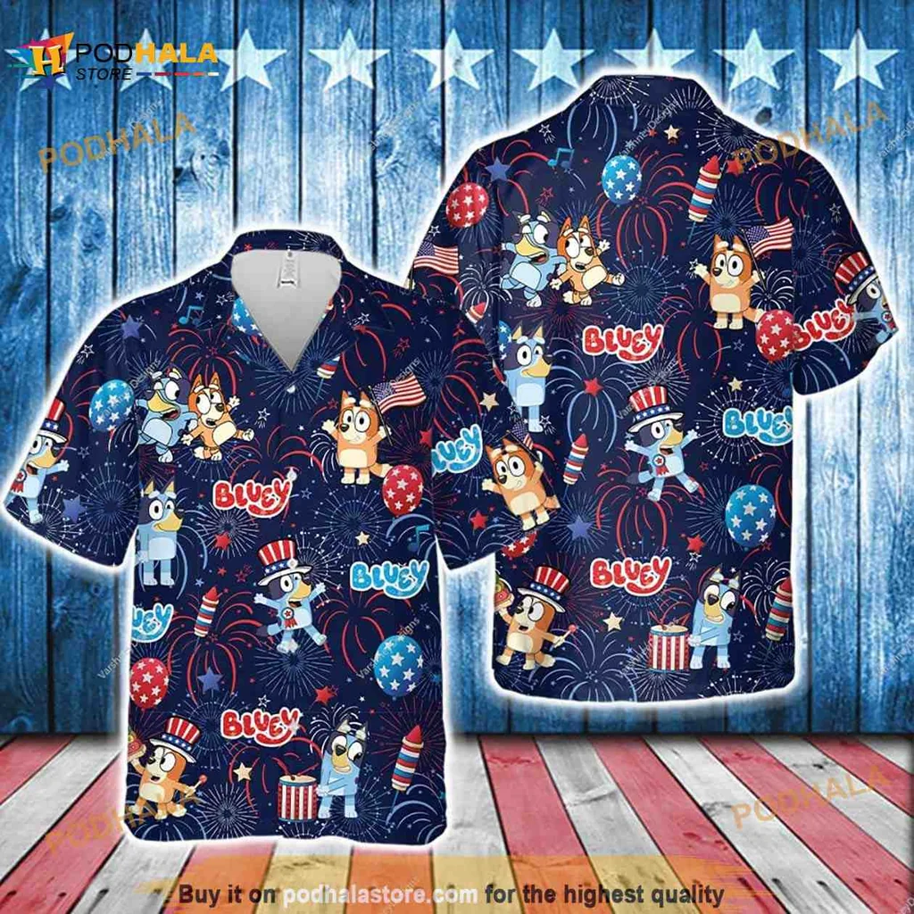 Bluey Patriotic Hawaiian Shirt, Colorful Fireworks And Fun Characters