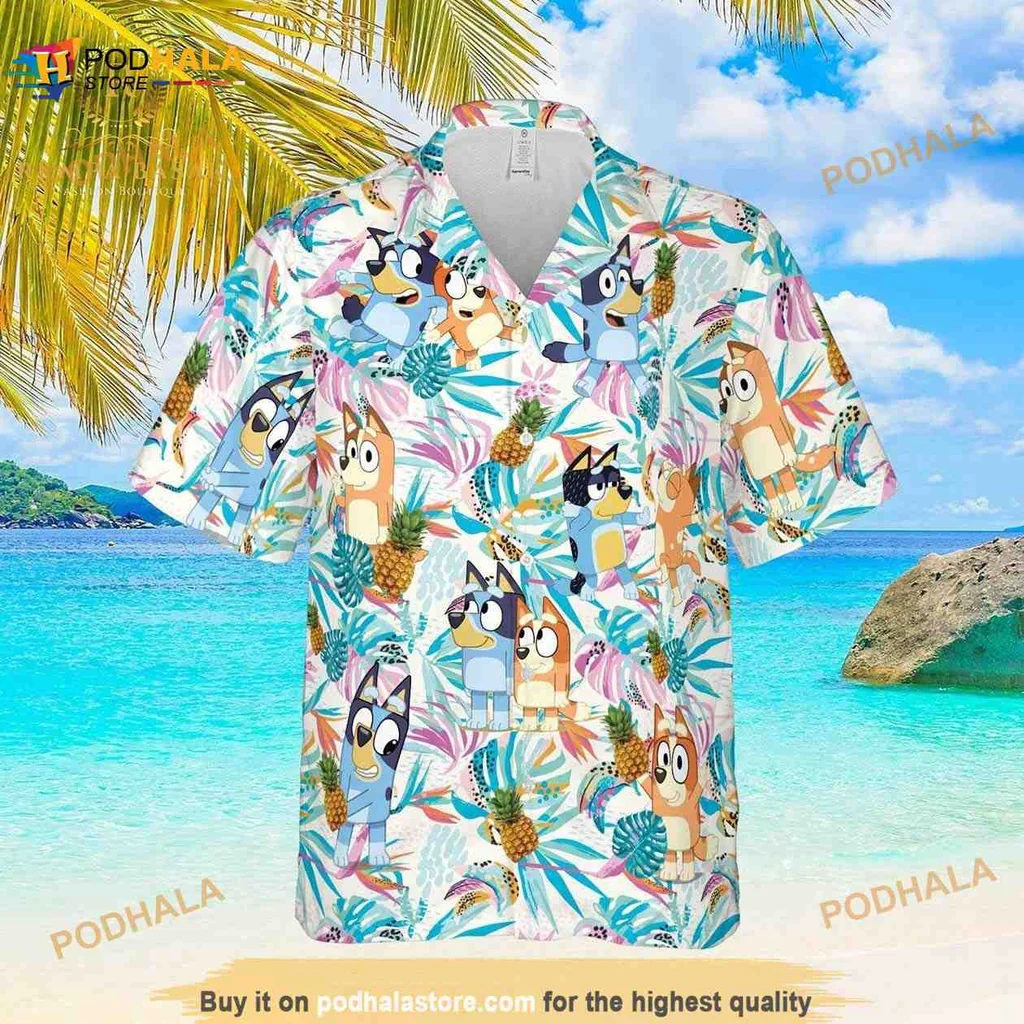 Bluey Tropical Family Hawaiian Shirt With Colorful Foliage And Characters Bluey Tropical Family Hawaiian Shirt With Colorful Foliage And Characters