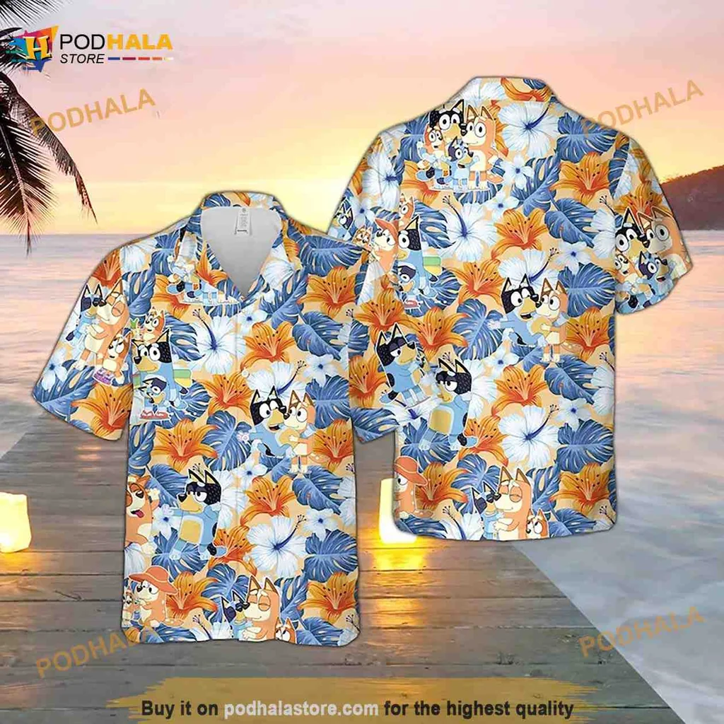 Bluey Tropical Hawaiian Shirt With Colorful Hibiscus Flowers