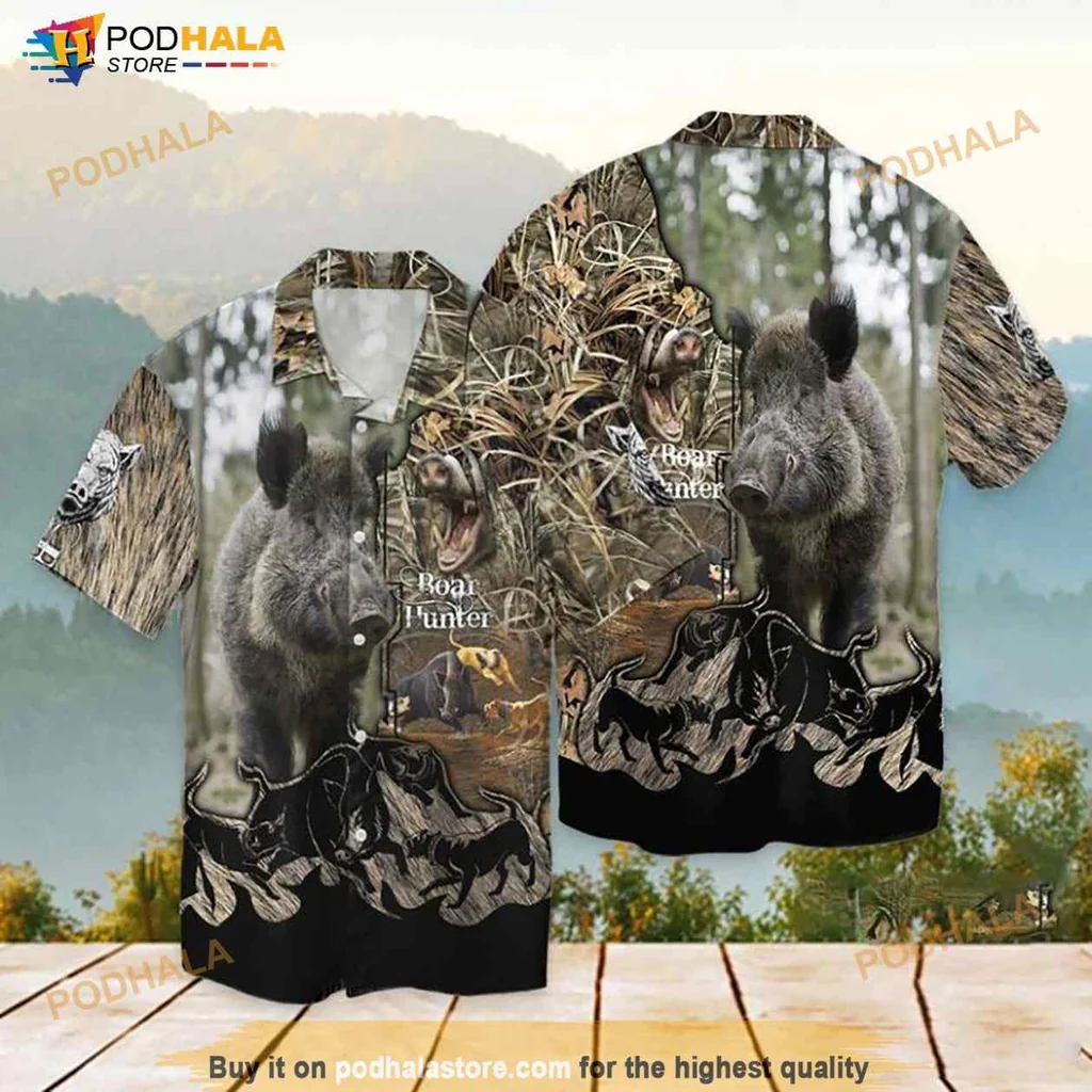 Boar Hunting Hawaiian Shirt With Naturalistic Design And Earthy Tones