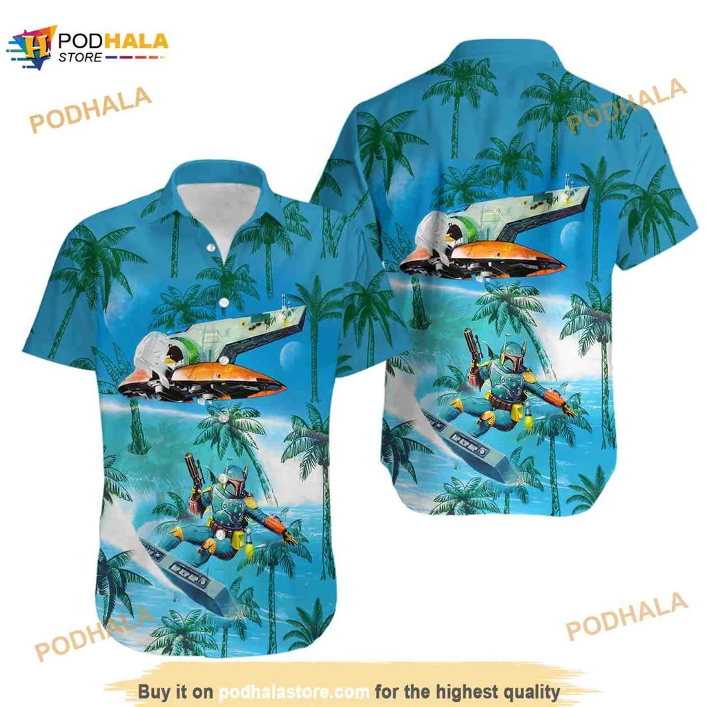 Boba Fett Tropical Hawaiian Shirt Featuring Slave I Above A Beach Scene
