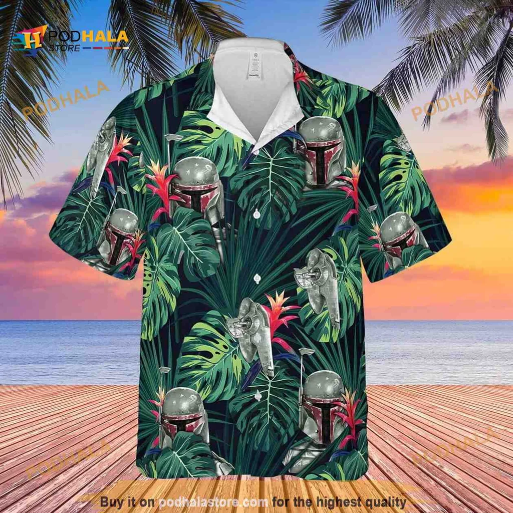 Boba Fett Tropical Hawaiian Shirt With Palm Leaves And Colorful Flowers