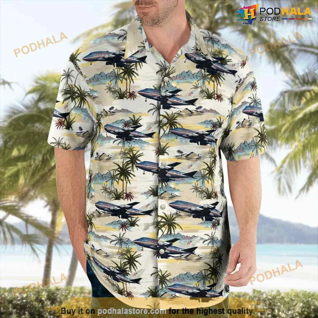 Boeing 747 Aviation Hawaiian Shirt Featuring Tropical Beach Design
