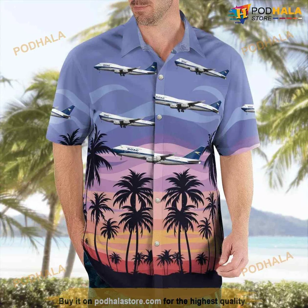 Boeing 747 Aviation Hawaiian Shirt With Tropical Sunset And Palm Trees