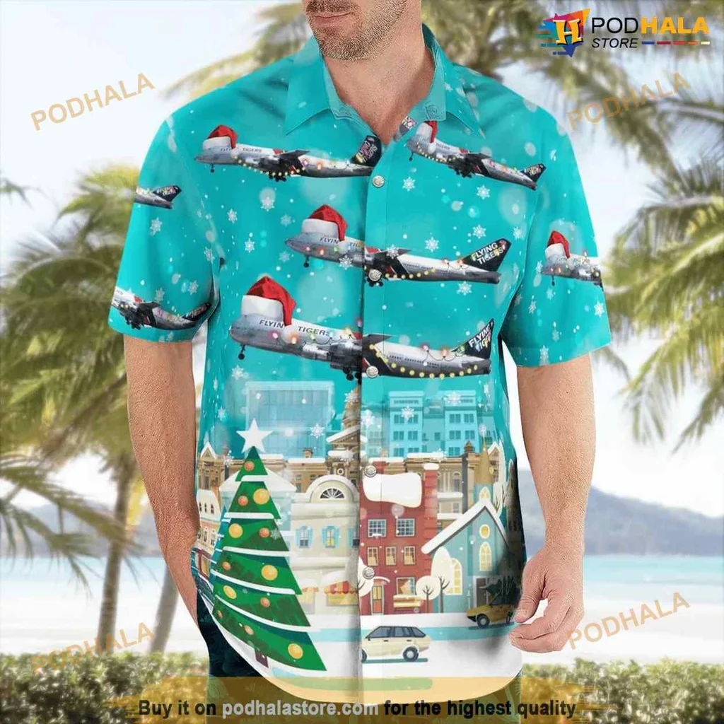 Boeing 747 Christmas Aloha Shirt With Vintage Airplanes And Holiday Decor