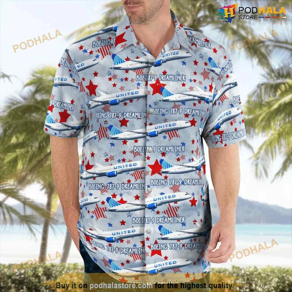 Boeing 787 9 Dreamliner Hawaiian Shirt With Patriotic Red Stars And Blue Planes