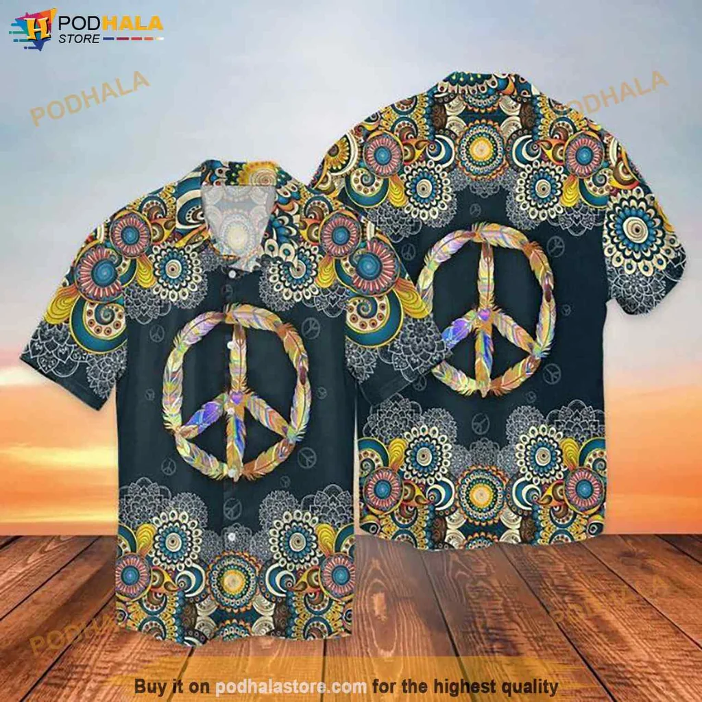 Bohemian Peace Sign Hawaiian Shirt With Floral Mandala Patterns, Vibrant Colors