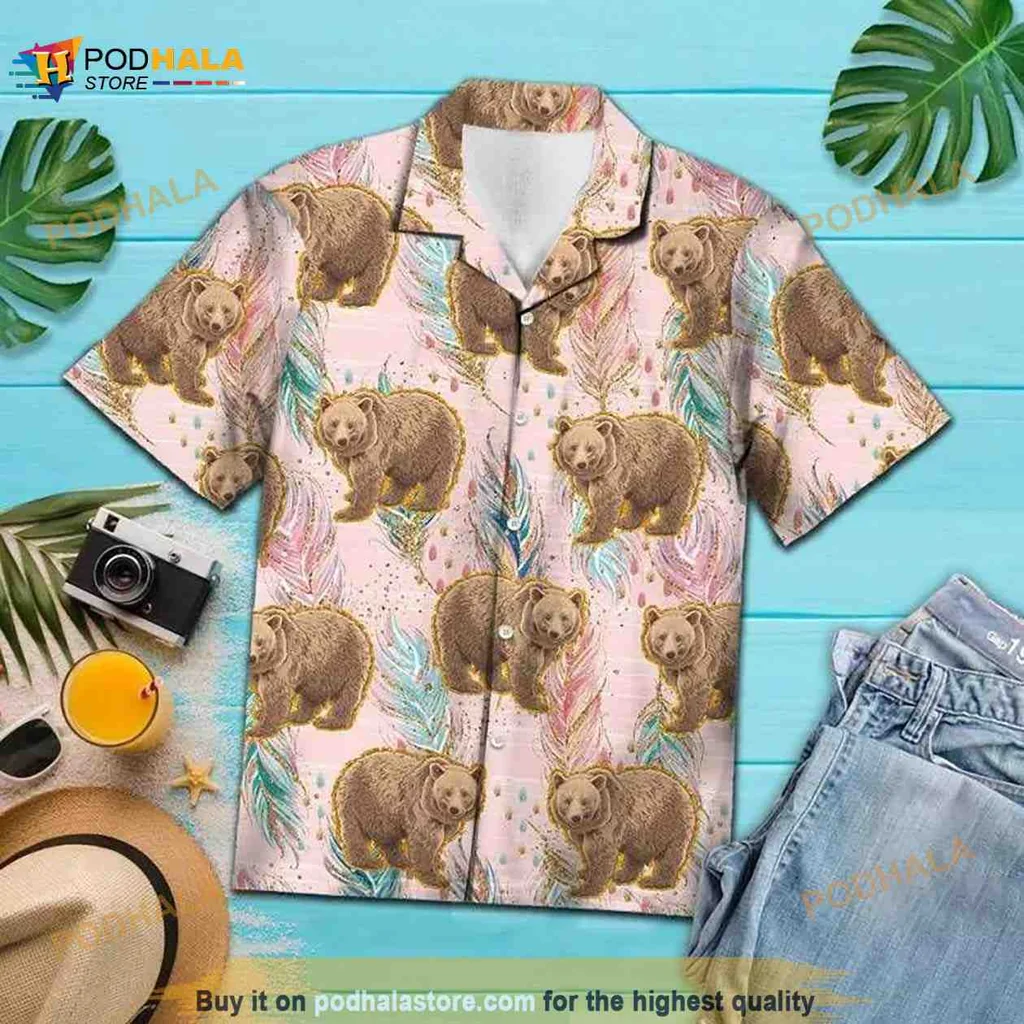 Boho Bear Tropical Hawaiian Shirt With Colorful Feathers And Floral Design