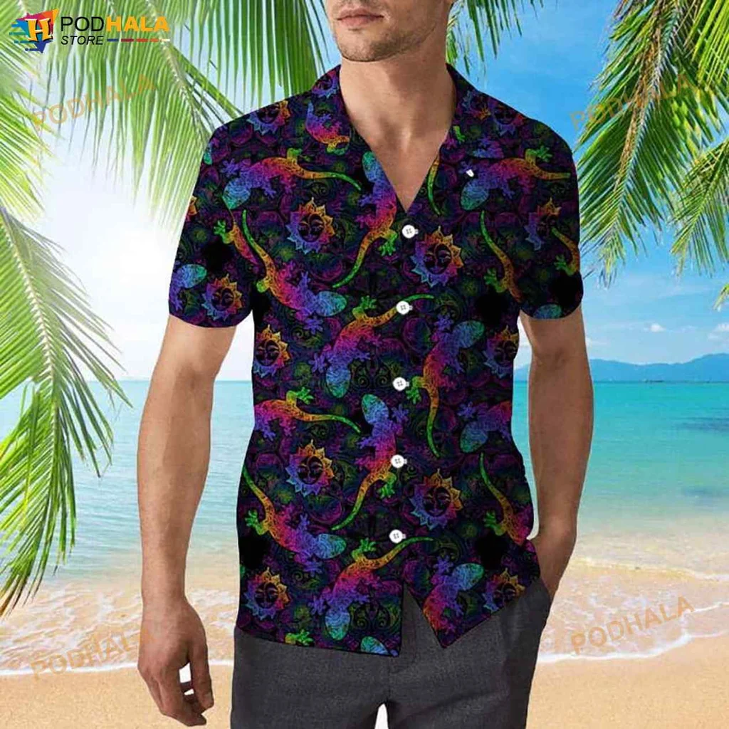 Boho Gecko Lizard Hawaiian Shirt With Mandalas And Tropical Suns