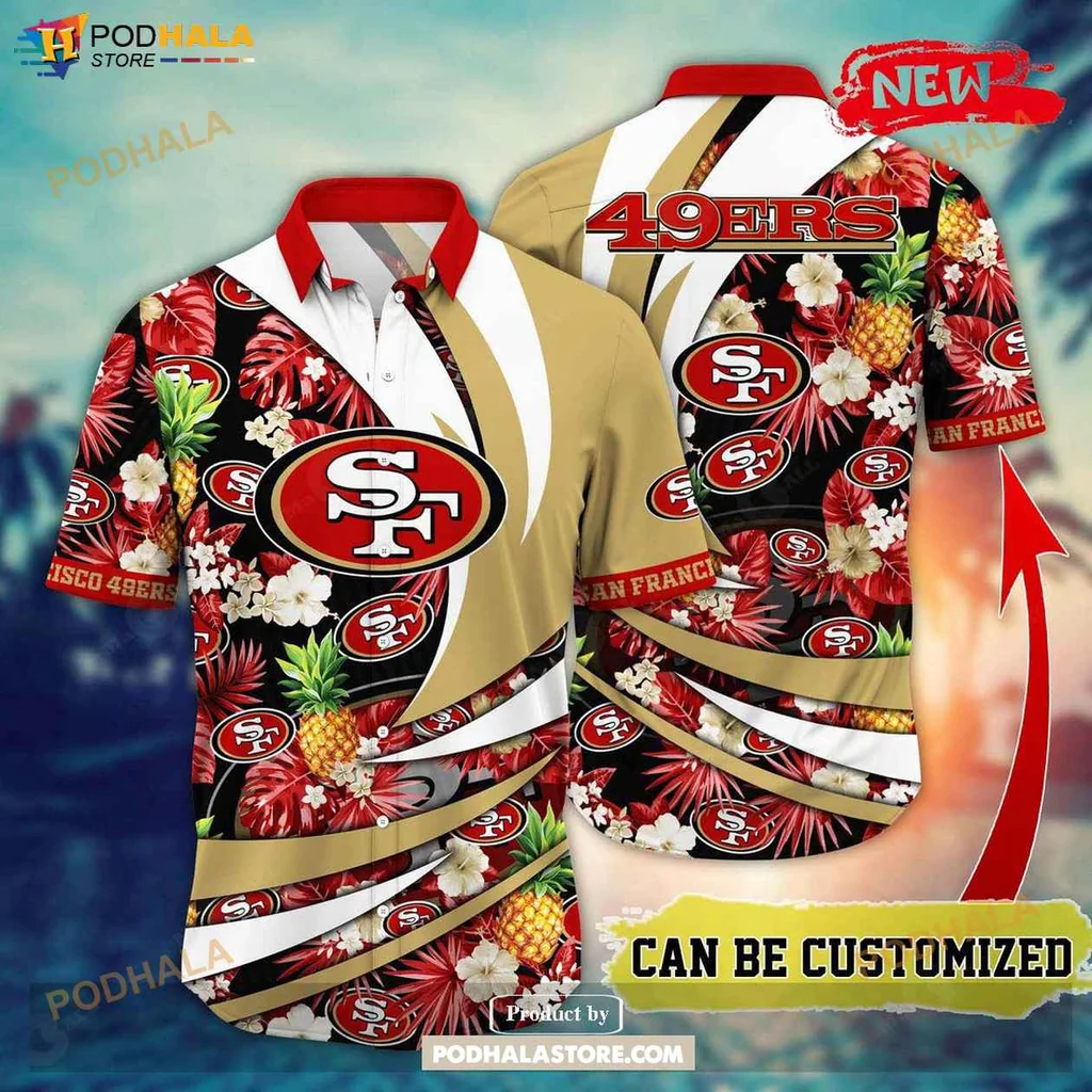 Bold 49ers Aloha Shirt, Vibrant Floral Pineapple Design For Summer Football Fans