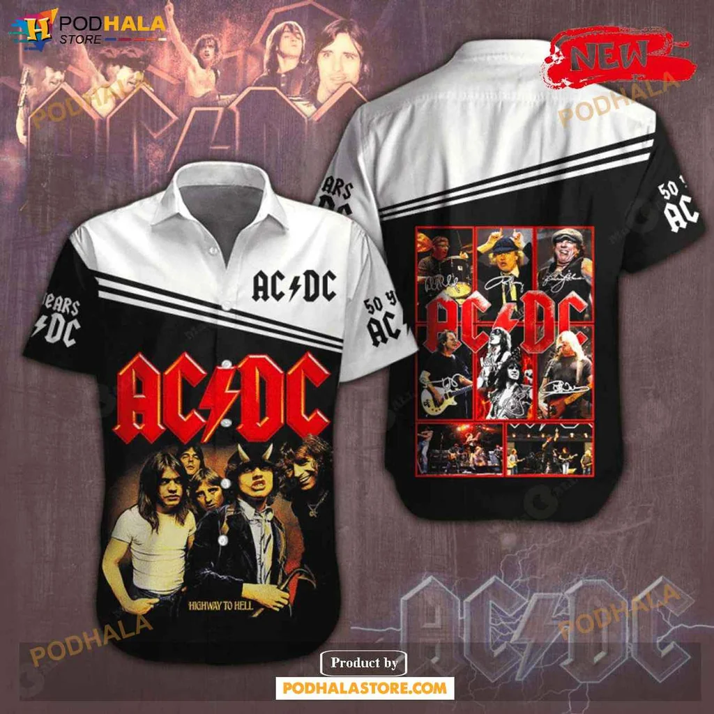 Bold Acdc Aloha Shirt, Black And White Rock Design With Iconic Logo And Collage