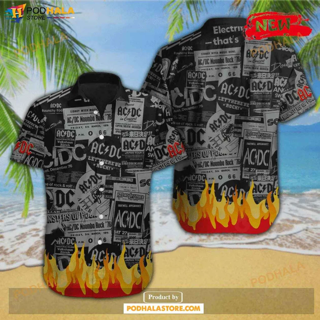 Bold Acdc Rock Aloha Shirt, Striking Black And Red Fire Design Music Tee