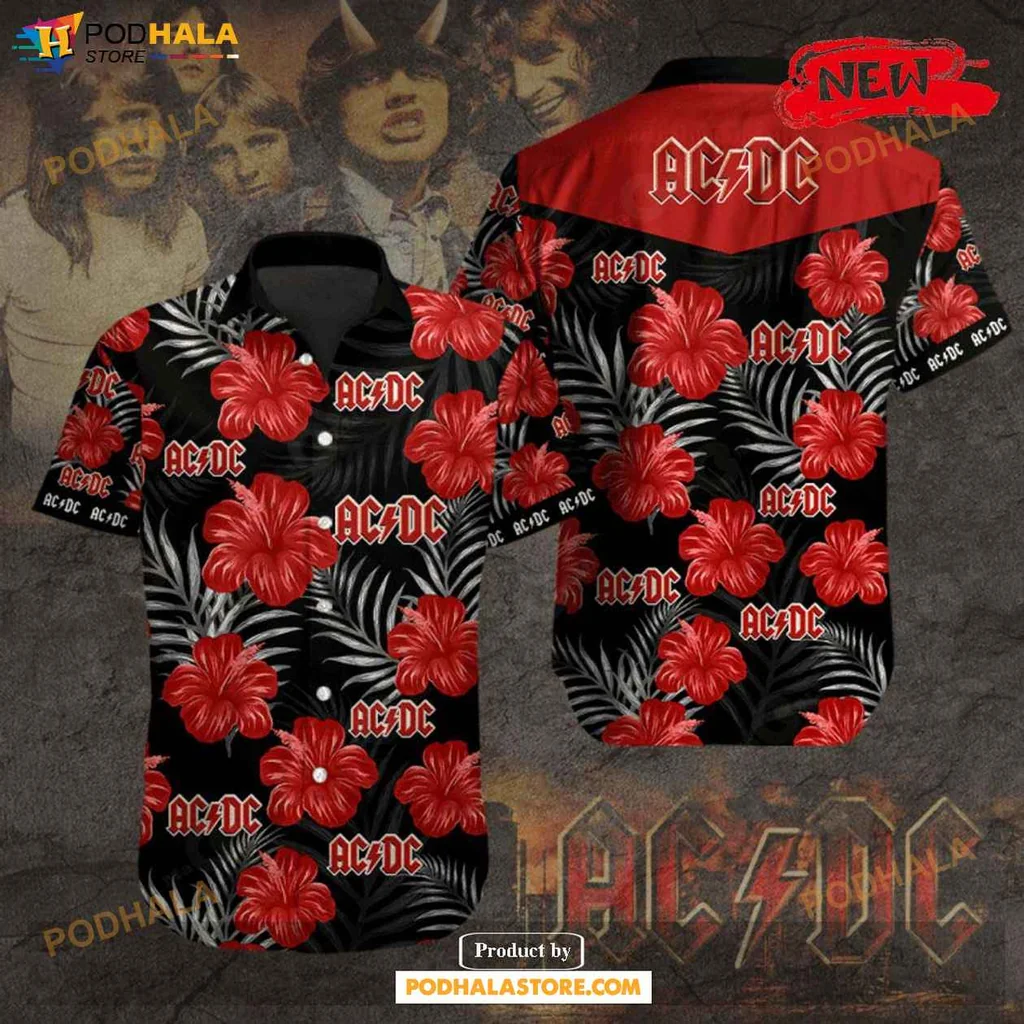 Bold Acdc Rock Aloha Shirt With Red Hibiscus Flowers On Black Background