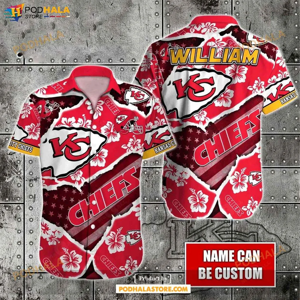 Bold Chiefs Fan Hawaiian Shirt Personalized With Your Name, Vibrant Red And White Design