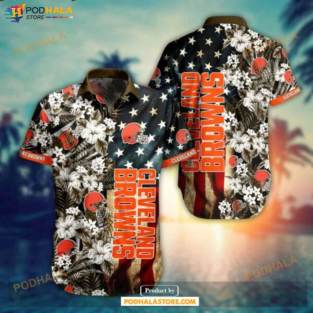 Bold Cleveland Browns Hawaiian Shirt, Vibrant Floral Design With American Flag Elements