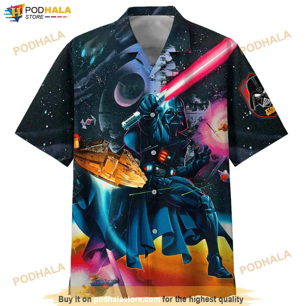 Bold Darth Vader Hawaiian Shirt, Vibrant Cosmic Design For Star Wars Fans