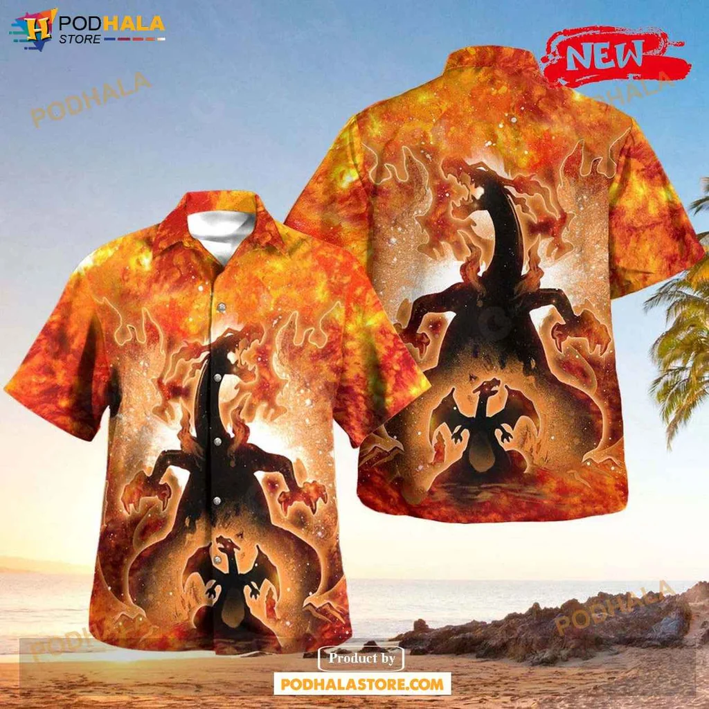 Bold Dragon Aloha Shirt, Vibrant Charizard Design Tropical Shirt For Men And Women