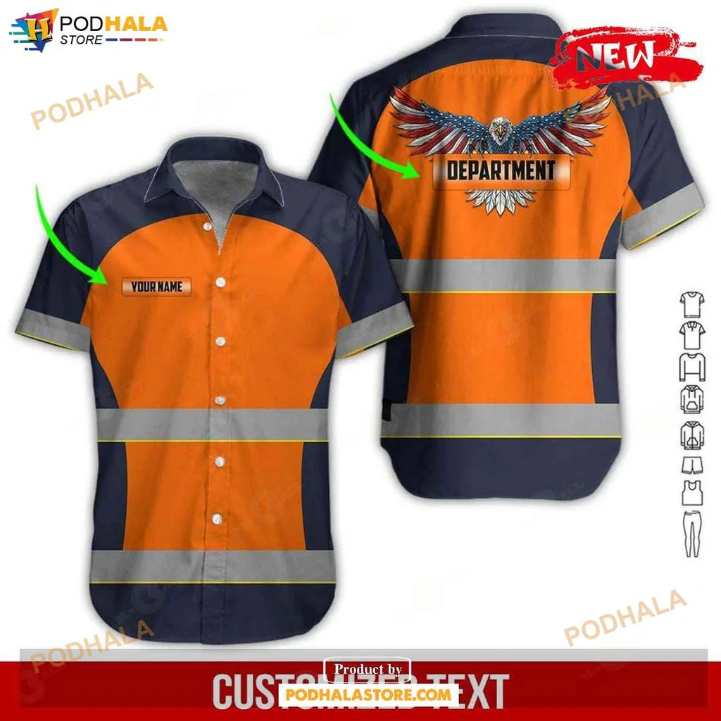 Bold Eagle Patriotic Hawaiian Shirt With Orange And Navy Design For Outdoor Work