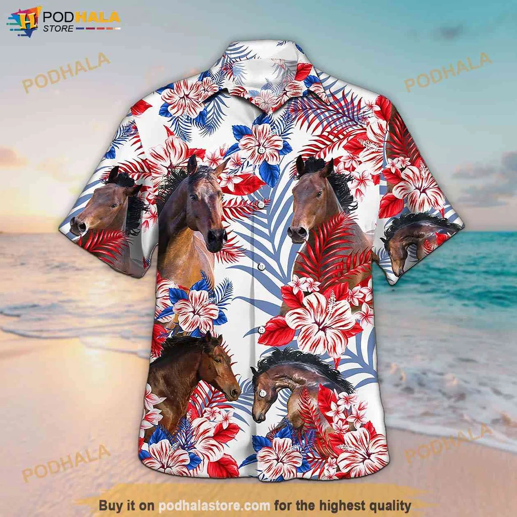 Bold Equestrian Aloha Shirt, Vibrant Horse Design With American Flag Colors