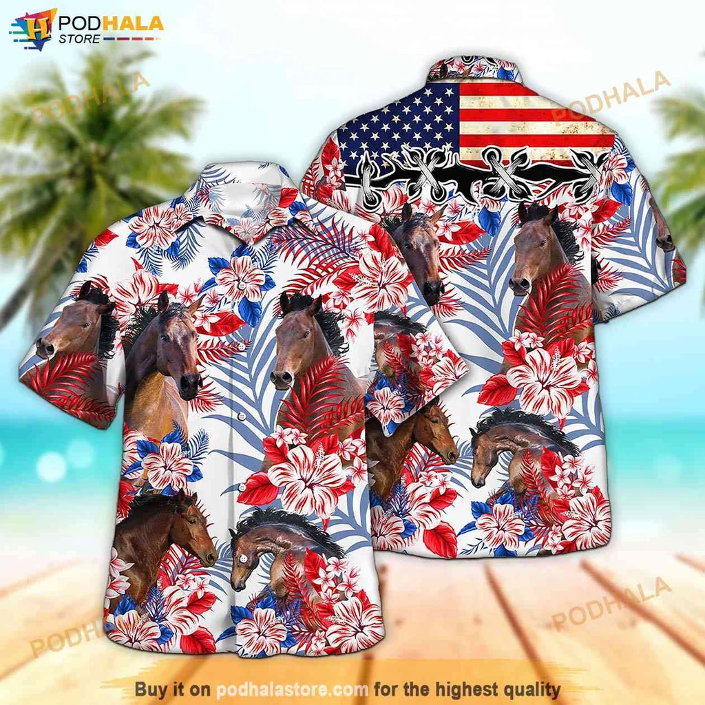 Bold Equestrian Tropical Shirt, Vibrant Horse Design With American Flag Colors Bold Equestrian Tropical Shirt, Vibrant Horse Design With American Flag Colors