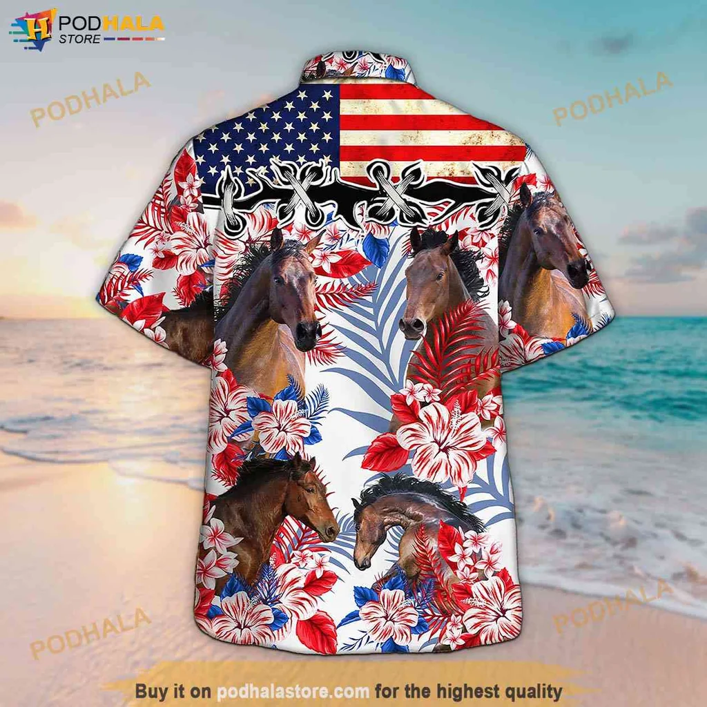 Bold Equestrian Short-sleeve button-up shirt, Vibrant Horse Design With American Flag Colors Bold Equestrian Short-sleeve button-up shirt, Vibrant Horse Design With American Flag Colors
