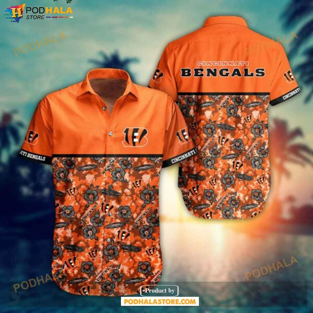Bold Floral Bengals Hawaiian Shirt, Vibrant Orange And Black Design For Fans