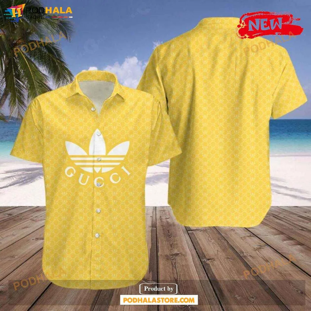 Bold Gucci Aloha Shirt, Trendy Yellow Tropical Design For Men And Women