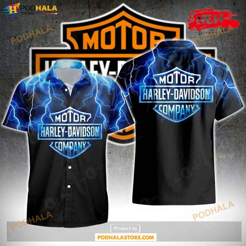 Bold Harley Davidson Aloha Shirt, Edgy Lightning Design For Motorcycle Enthusiasts