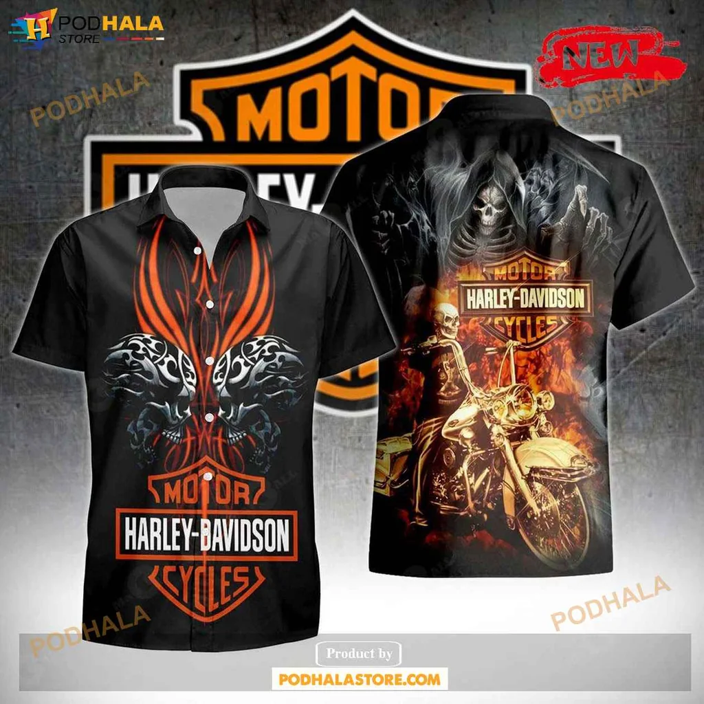 Bold Harley Davidson Aloha Shirt, Edgy Motorcycle Skull Design Tropical Shirt For Men