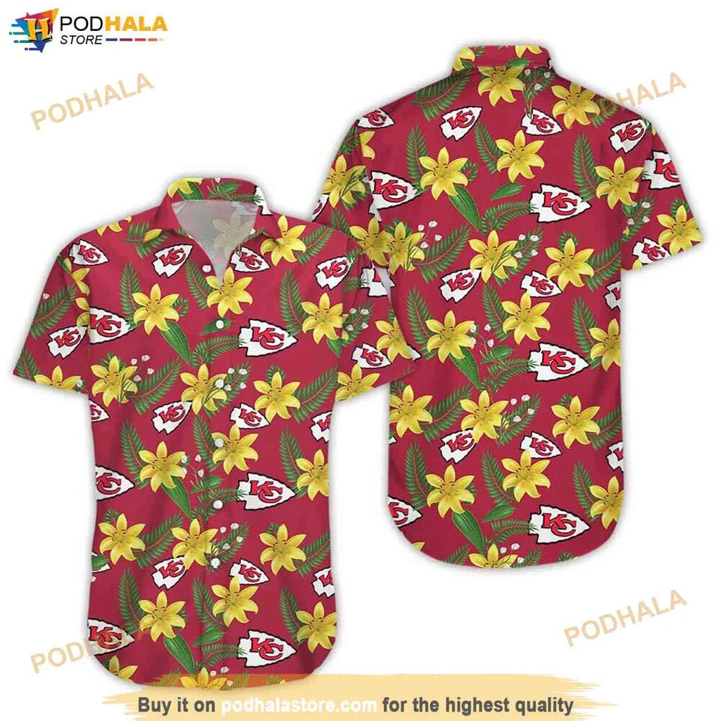 Bold Kansas City Chiefs Hawaiian Shirt, Vibrant Red With Hibiscus Flowers And Leaves