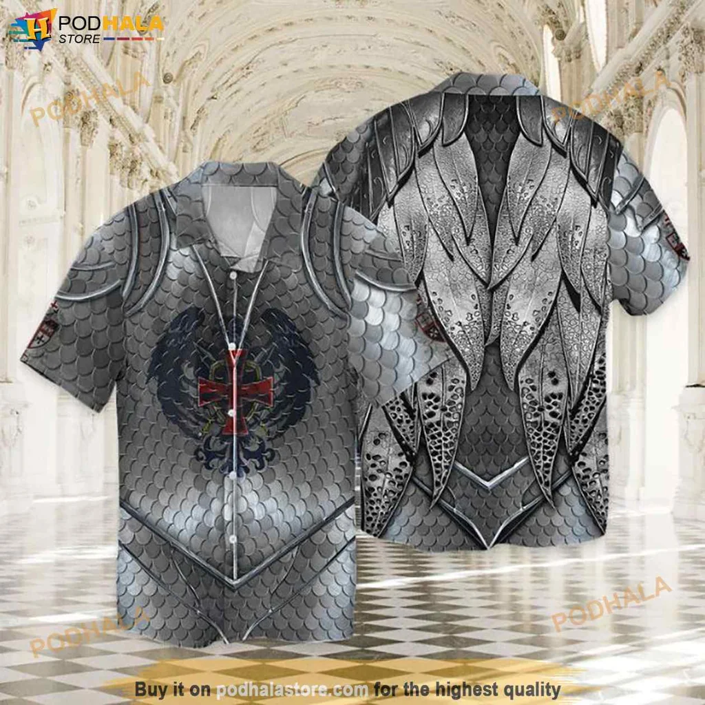 Bold Knights Templar Hawaiian Shirt, Medieval Armor Design With Red Cross Emblem