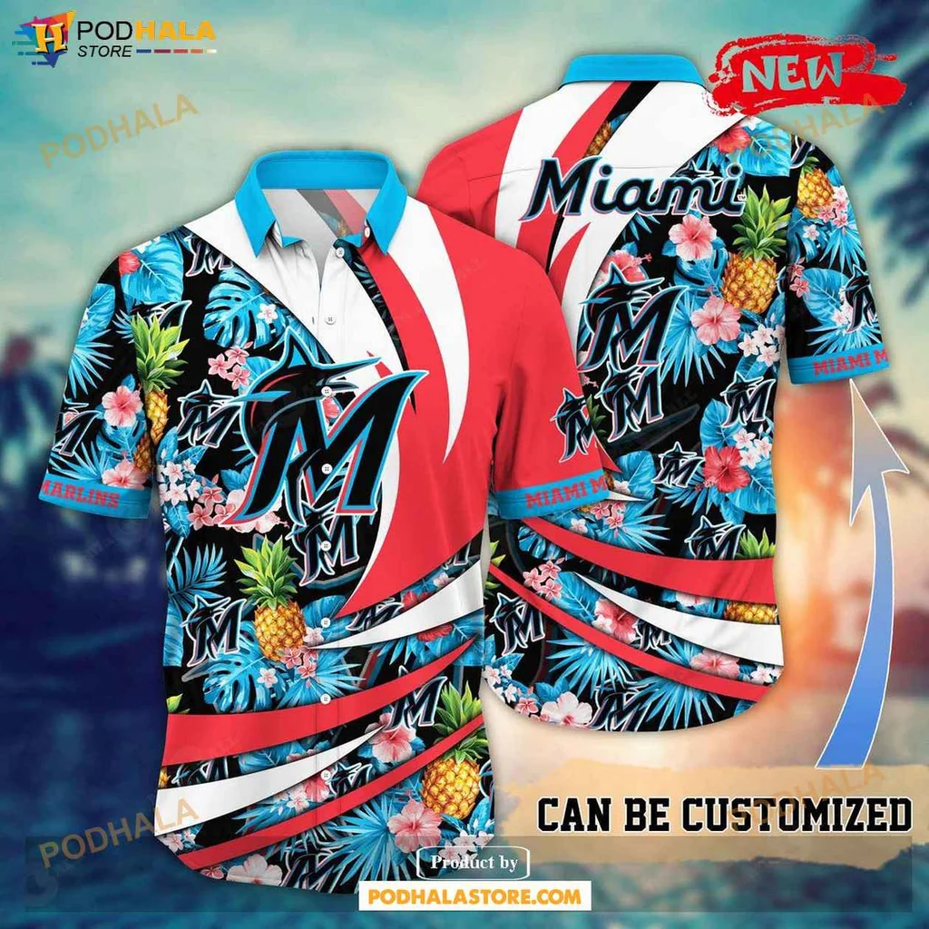 Bold Marlins Aloha Shirt, Vibrant Floral Pineapple Summer Shirt For Fans