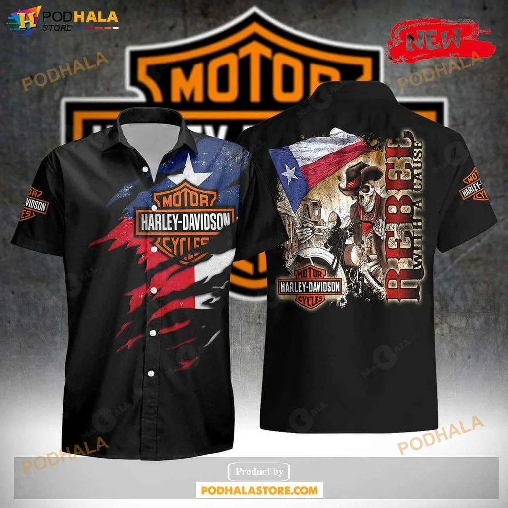 Bold Motorcycle Aloha Shirt, Black Skull And Flag Design For Men