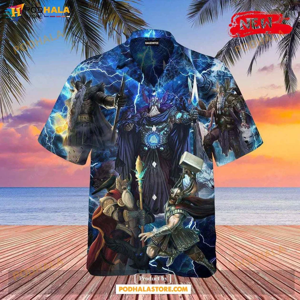 Bold Norse Mythology Hawaiian Shirt Featuring Odin And Thor In Vibrant Thunderstorm Design