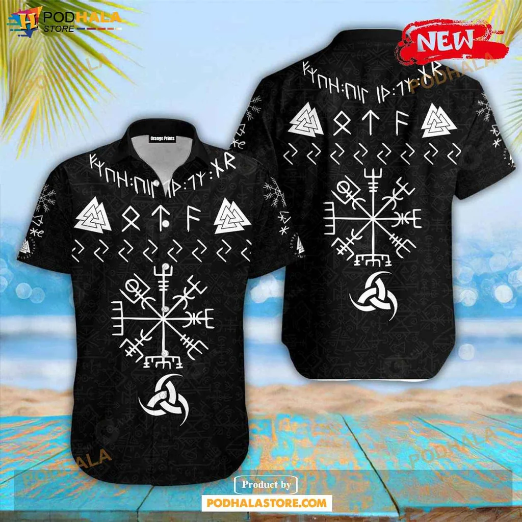 Bold Norse Mythology Hawaiian Shirt Featuring Vegvisir And Valknut Symbols