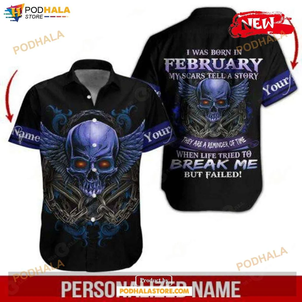 Bold Skull Wings Aloha Shirt, Personalized February Guy Break Me Design For Summer