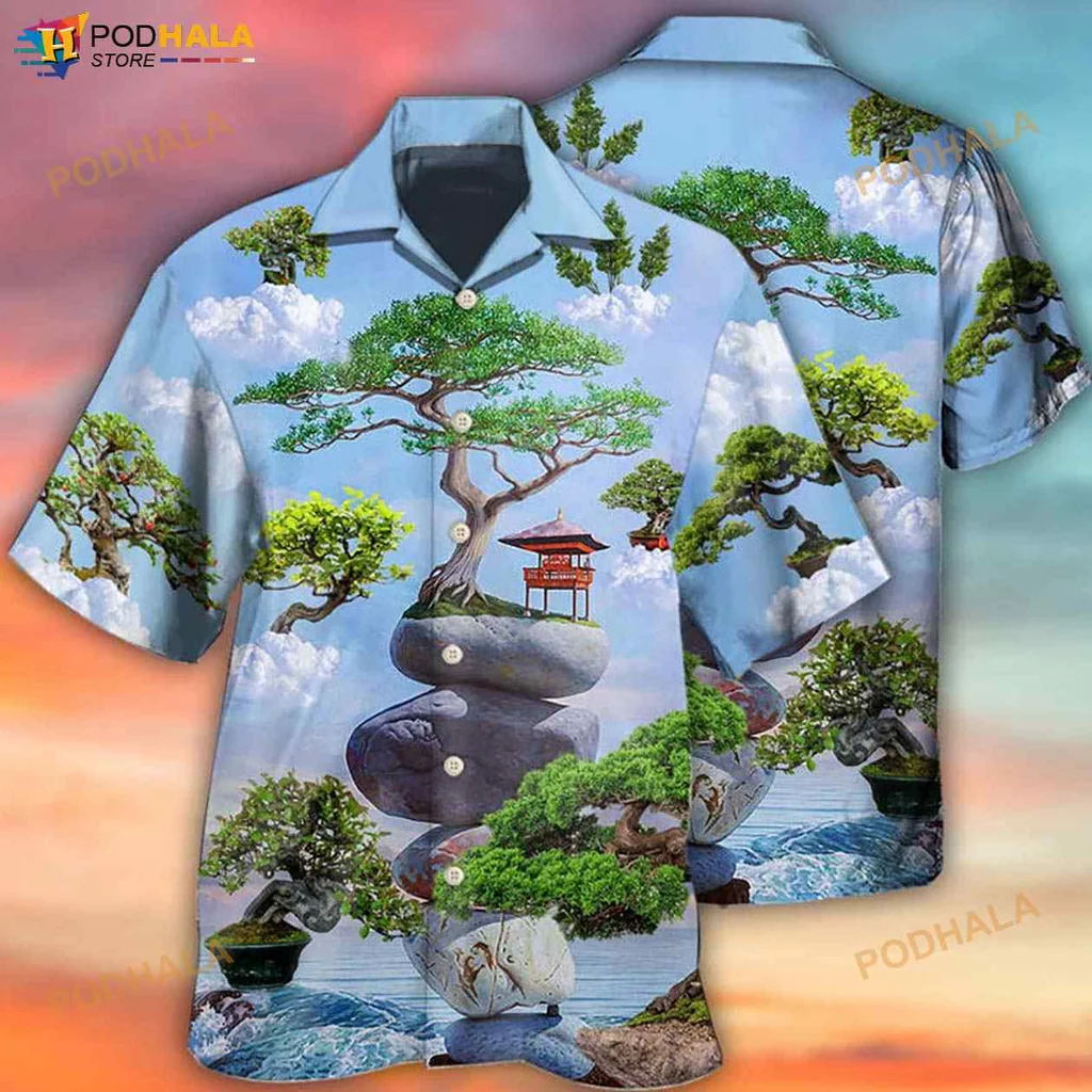 Bonsai Tree Hawaiian Shirt With Serene Landscape And Pagoda Design