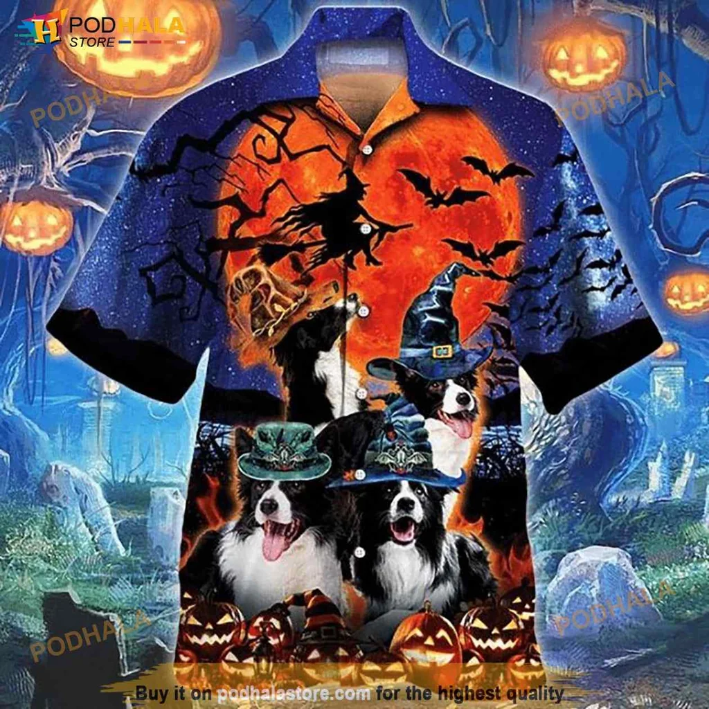 Border Collie Halloween Hawaiian Shirt With Spooky Design And Festive Hats