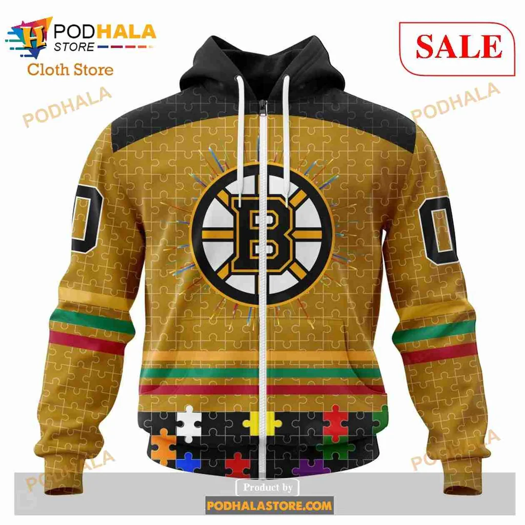 Boston Bruins Autism Awareness All Over Print Hoodie With Colorful Puzzle Design Boston Bruins Autism Awareness All Over Print Hoodie With Colorful Puzzle Design