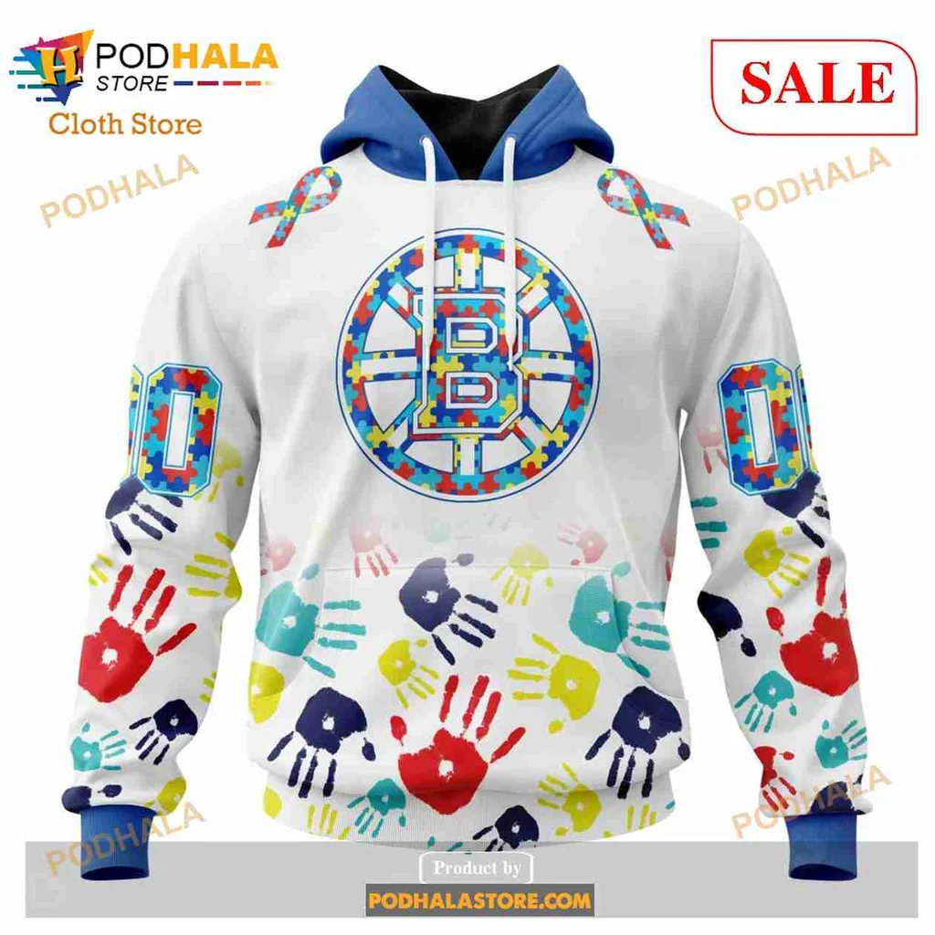 Boston Bruins Autism Awareness Hoodie With Colorful Handprint Design
