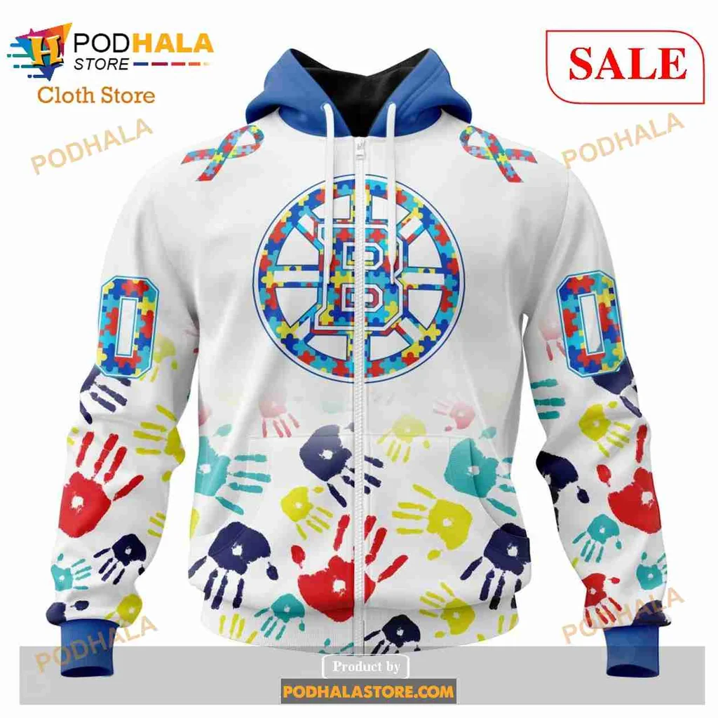 Boston Bruins Autism Awareness Hoodie With Colorful Handprint Design - View 1 Boston Bruins Autism Awareness Hoodie With Colorful Handprint Design - View 1