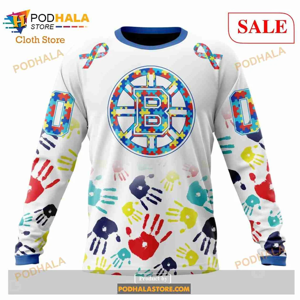 Boston Bruins Autism Awareness Hoodie With Colorful Handprint Design - View 3 Boston Bruins Autism Awareness Hoodie With Colorful Handprint Design - View 3
