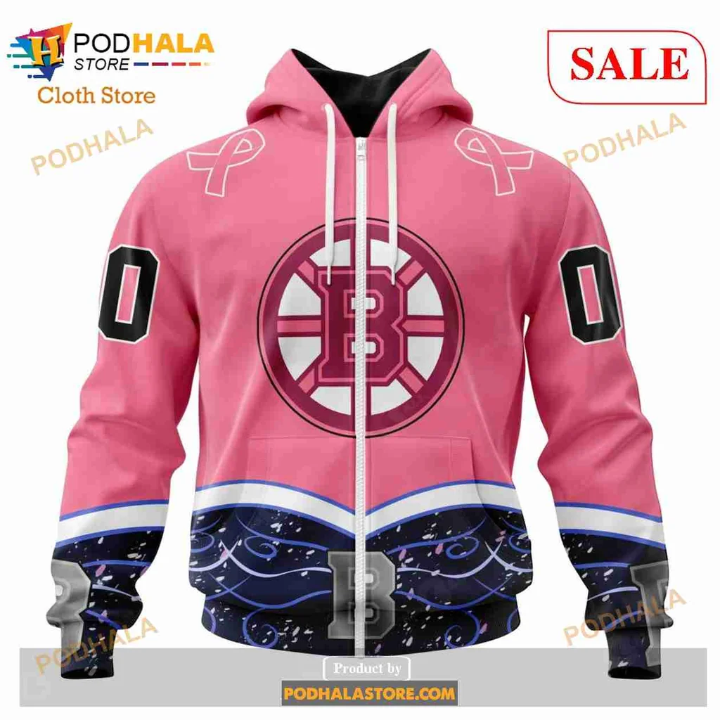 Boston Bruins Cancer Awareness Hoodie With Pink Design And Jersey Style - View 1 Boston Bruins Cancer Awareness Hoodie With Pink Design And Jersey Style - View 1
