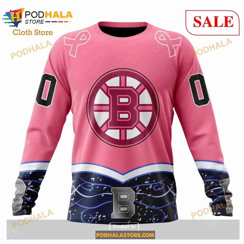 Boston Bruins Cancer Awareness Hoodie With Pink Design And Jersey Style - View 3 Boston Bruins Cancer Awareness Hoodie With Pink Design And Jersey Style - View 3
