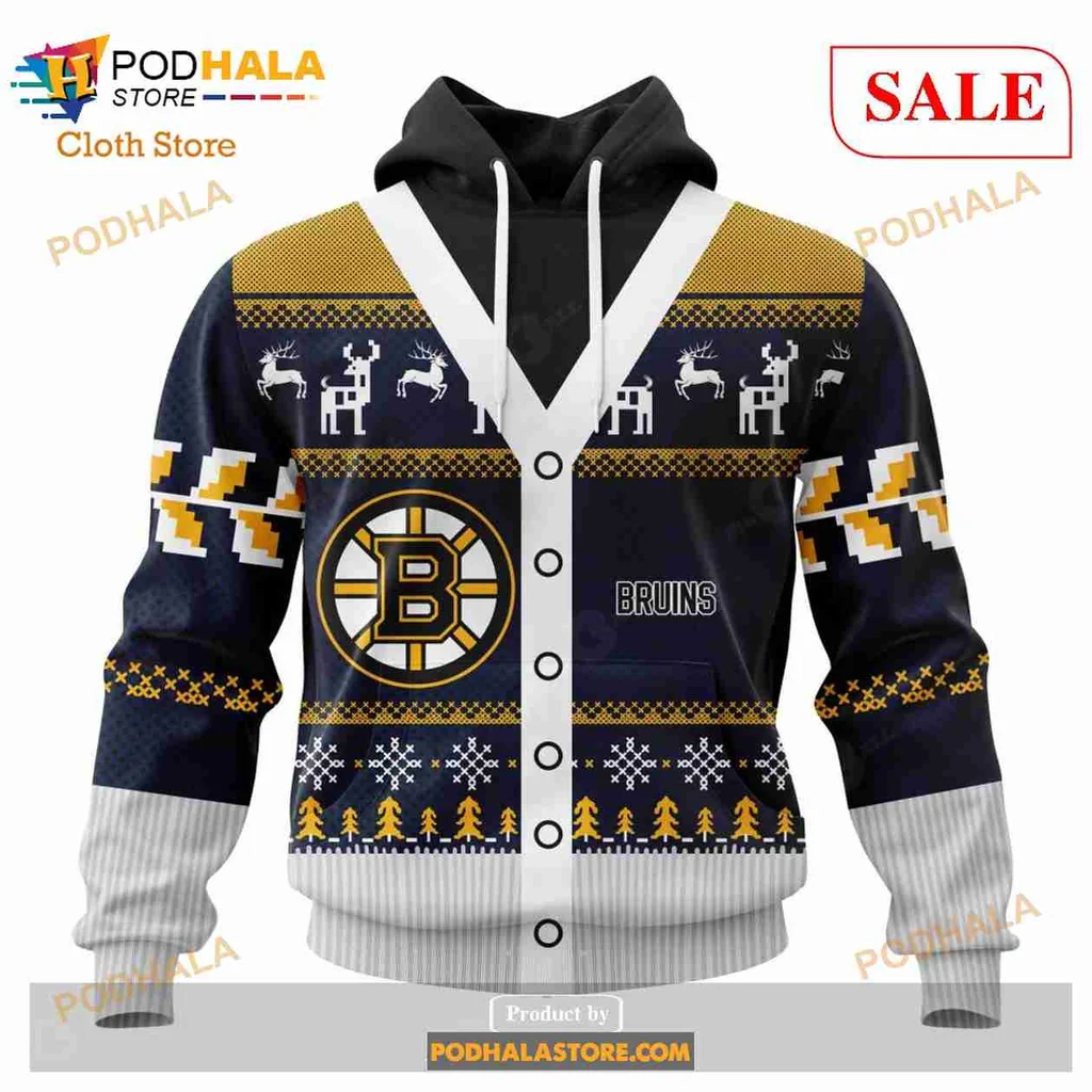 Boston Bruins Christmas Hoodie Featuring Ugly Sweater Design