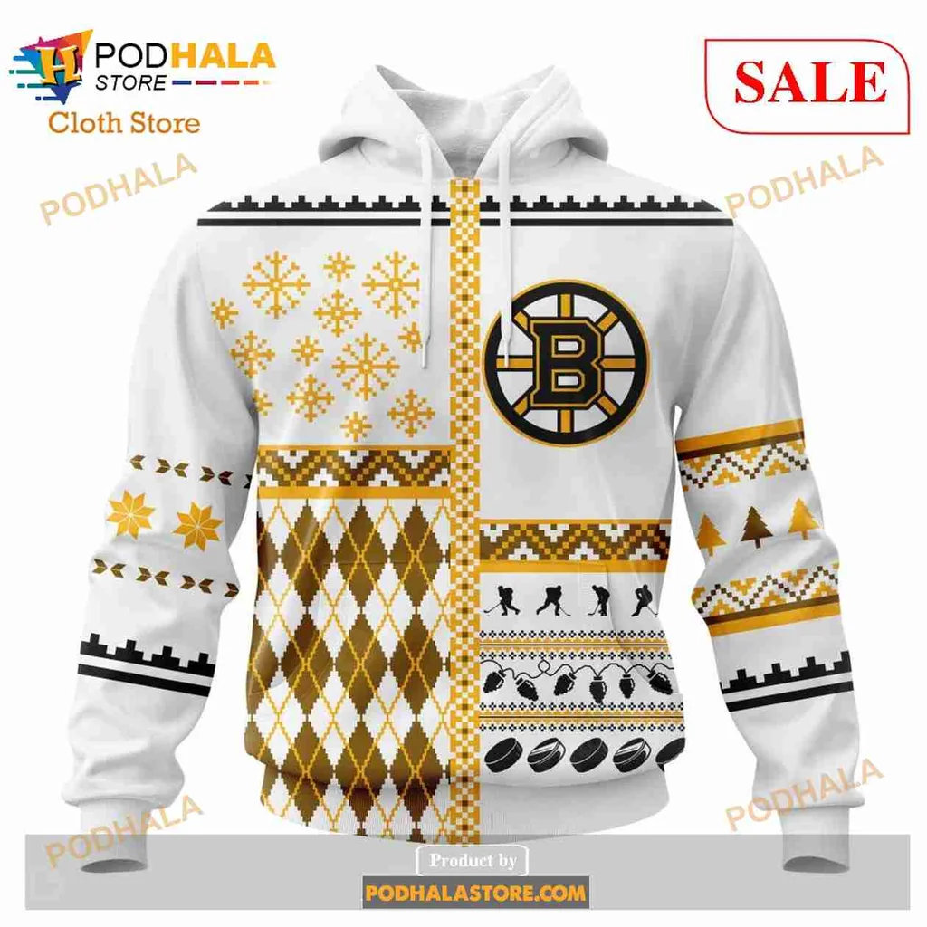 Boston Bruins Christmas Hoodie With Festive Snowflakes And Trees
