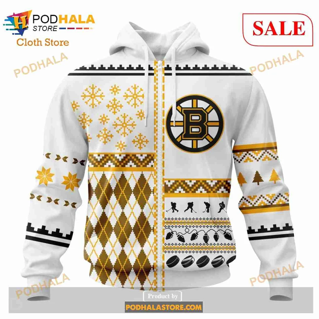 Boston Bruins Christmas Hoodie With Festive Snowflakes And Trees - View 1 Boston Bruins Christmas Hoodie With Festive Snowflakes And Trees - View 1