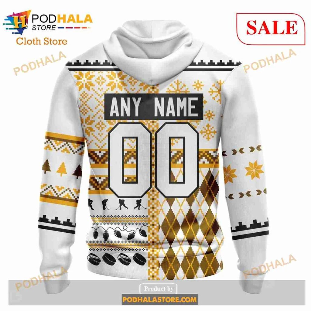 Boston Bruins Christmas Hoodie With Festive Snowflakes And Trees - View 2 Boston Bruins Christmas Hoodie With Festive Snowflakes And Trees - View 2