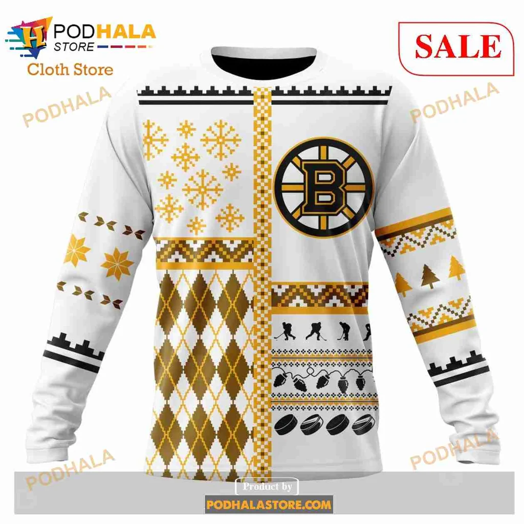 Boston Bruins Christmas Hoodie With Festive Snowflakes And Trees - View 3 Boston Bruins Christmas Hoodie With Festive Snowflakes And Trees - View 3