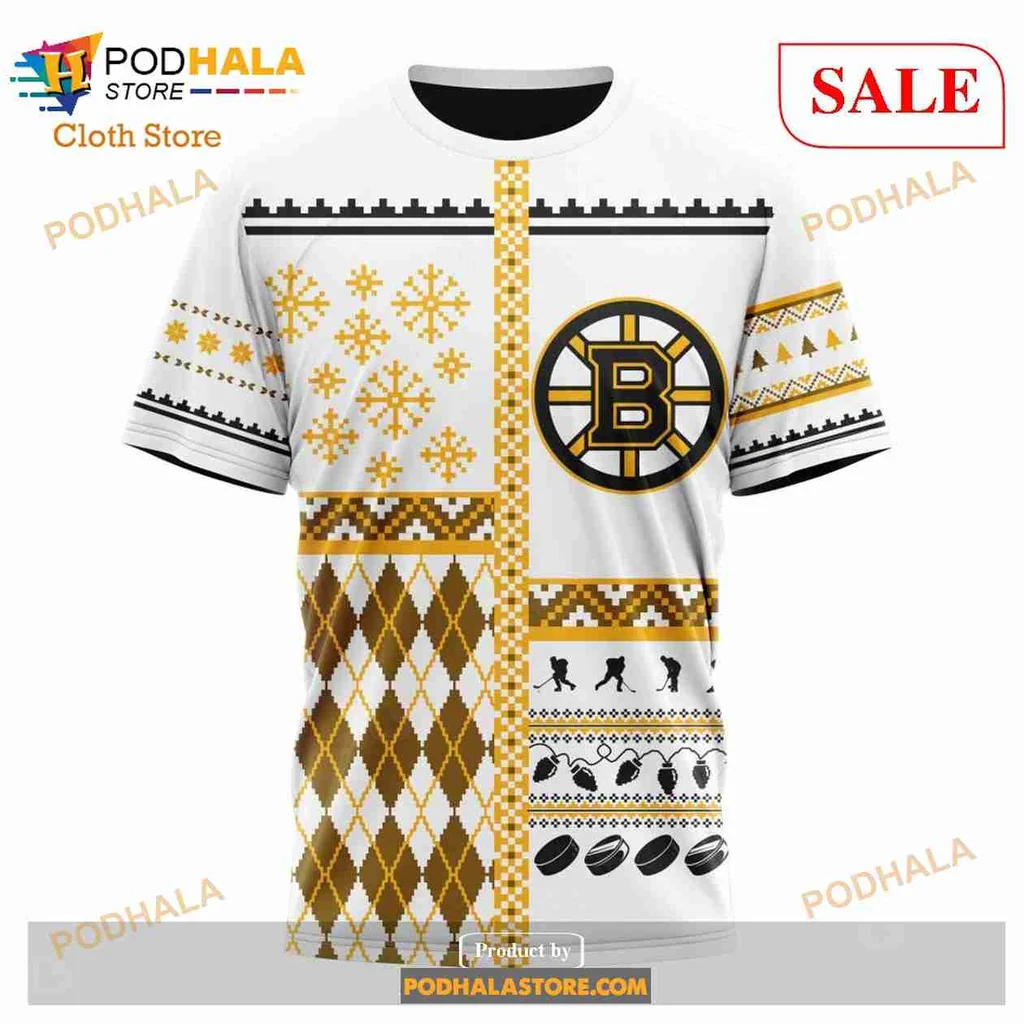 Boston Bruins Christmas Hoodie With Festive Snowflakes And Trees - Product View 6 Boston Bruins Christmas Hoodie With Festive Snowflakes And Trees - Product View 6